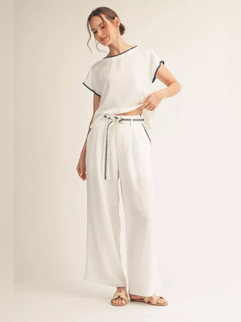 Jodifl Belted Pant Set Wide Leg Navy White Scalloped Embroidery Crinkle Fabric